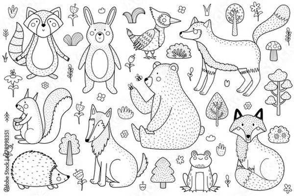 Obraz Cute forest animals black and white collection. Woodland characters set in outline for kids and baby design. Great for coloring book, prints. Vector illustration