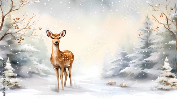 Obraz Reindeer in Winter Wonderland, Christmas Invitation Card Theme, Template in watercolor, xmas Card, generated ai