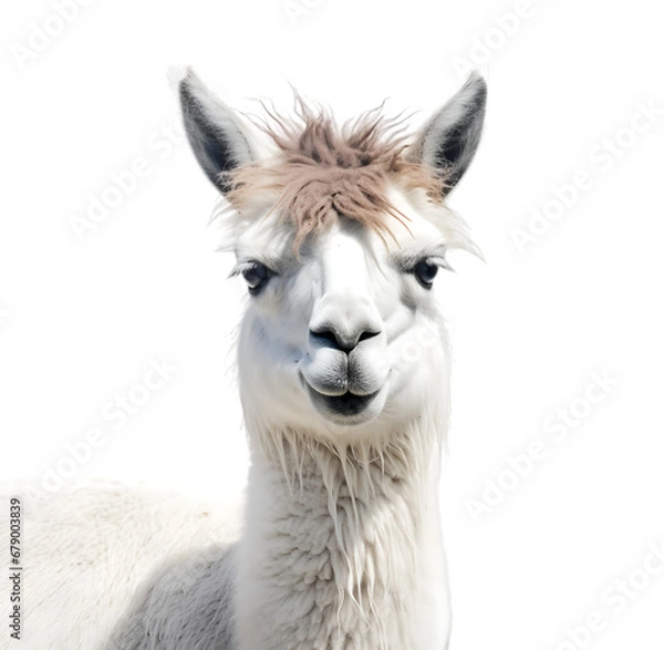 Fototapeta Front view, light brown llama face to camera, isolated on transparent background. 