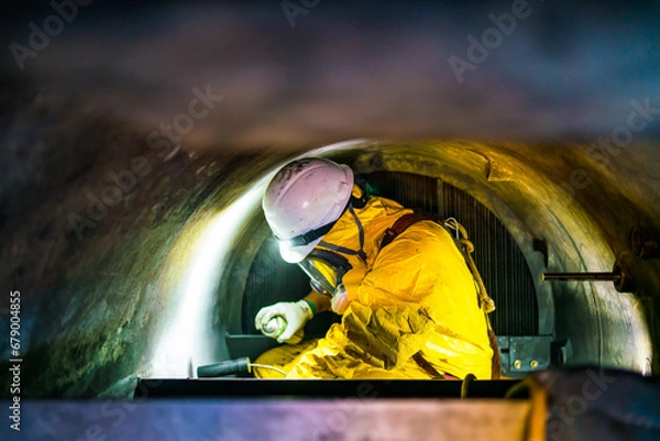 Obraz A high-pressure tank inspector enters a confined space in a petroleum chemical protective suit.