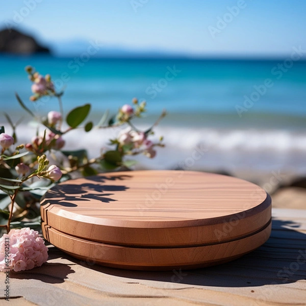 Fototapeta Wooden tray empty on ocean background. Generative AI.