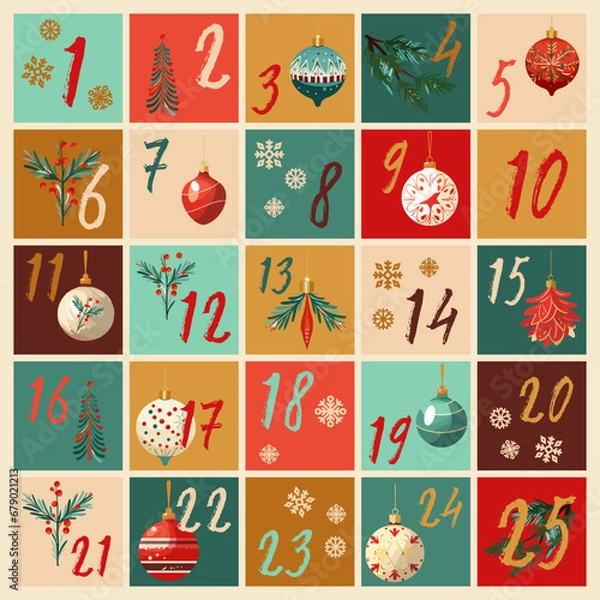 Obraz Vector Christmas 25 window advent calendar with tree ornaments and snowflakes. 