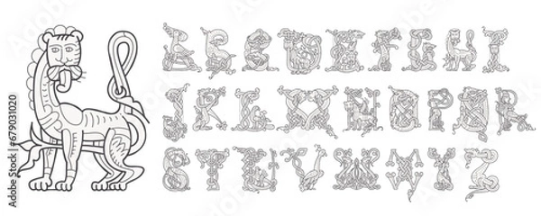 Obraz Medieval drop caps alphabet. Initials made of spiral Celtic beasts, lions, birds. Gothic illuminated calligraphy. Middle Ages heraldic ornate capitals. Germanic font for tattoos, pagan music, potions.