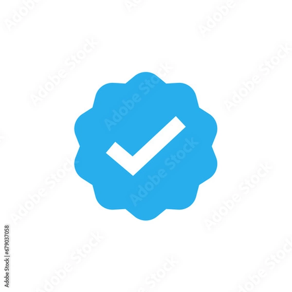 Fototapeta Approved Icon. White Check Mark with Blue Circle Shape Sparkle Star Sticker Label 