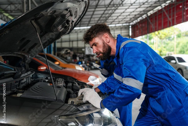 Fototapeta Mechanic working under the hood at the repair garage. Portrait of a happy mechanic man working on a car in an auto repair shop. Male mechanic working on car.