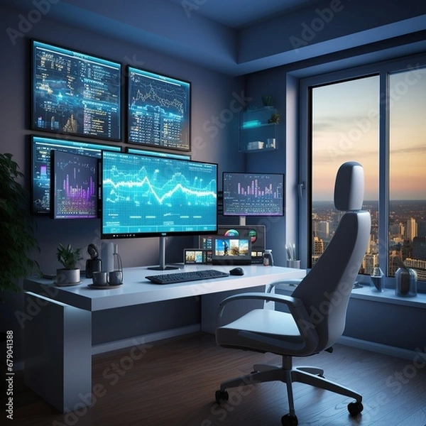 Fototapeta Modern trading office with multiple monitors displaying financial charts and city view