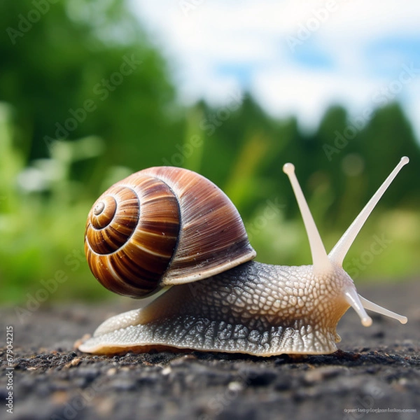 Fototapeta Stunning drawing of realistic snail front, animal planet, full-length snail. Unusual background.