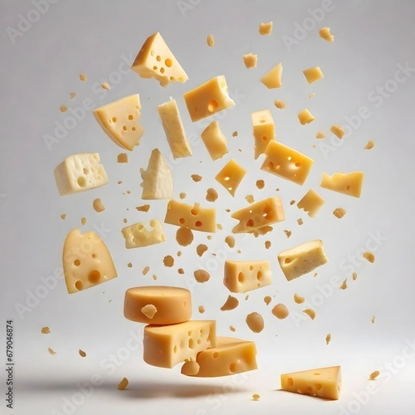 Obraz Cheeses floating in the air on a clean background dessert concept -Generative AI