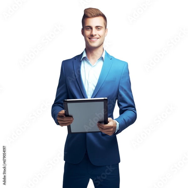 Obraz smiling young man in blue suit holding a digital tablet on isolated background