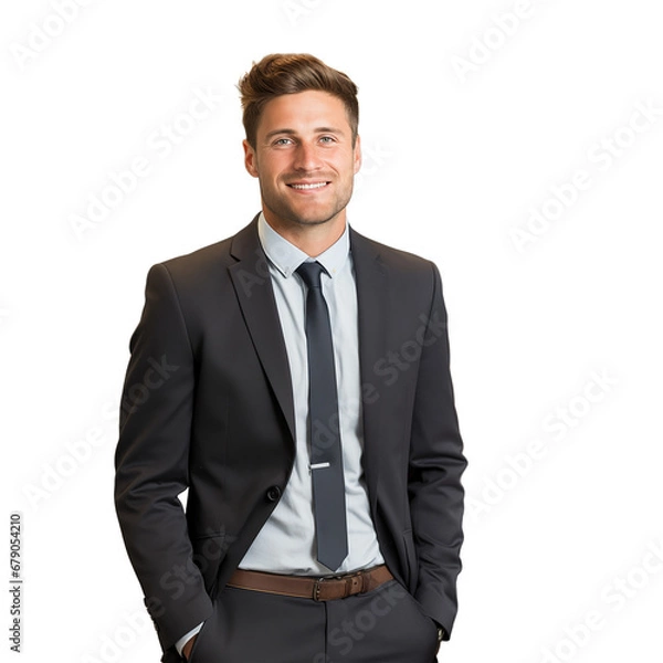 Obraz professional man in a black suit with a light blue shirt and tie on an isolated background