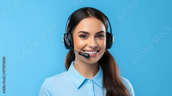 Fototapeta Portrait of attractive trendy cheerful girl help desk service showing copy space isolated over bright blue color background. Made with generative ai