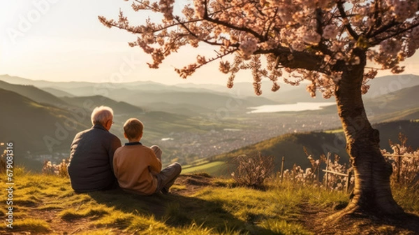 Obraz Grandfather and Grandson Enjoying Mountain View at Sunset