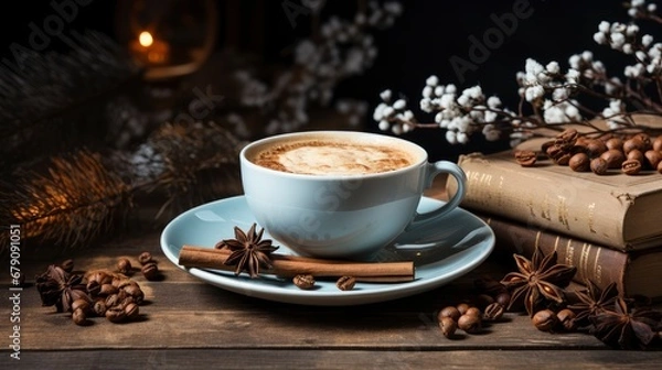 Fototapeta Winter coffee and powdered sugar dessert on rustic table.