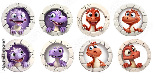 Fototapeta set of funny cute Dinosaurs  looks of Wall on transparent, isolated background, png, generated ai