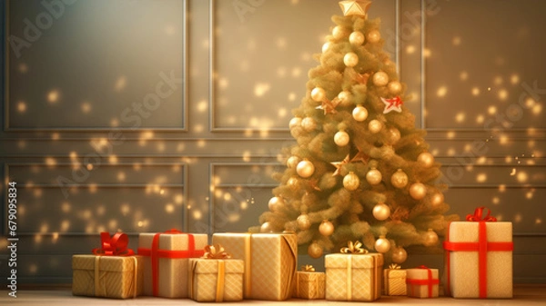 Fototapeta Christmas tree with gifts in front of a wall. 3d rendering