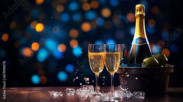 Fototapeta champagne bottles in bucket with ice and glasses
