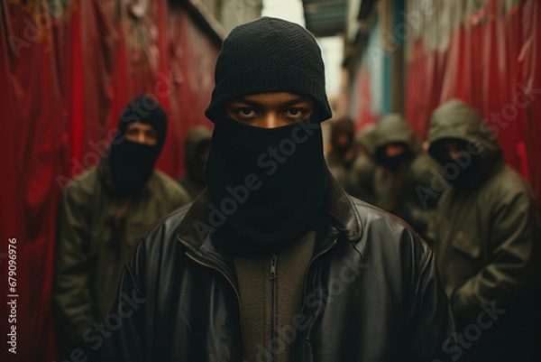 Fototapeta African American gang of bandits, serious dangerous guy in a black mask looking at camera on street