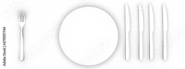 Obraz Empty plate, knife and fork, cutlery in 3-d visualization