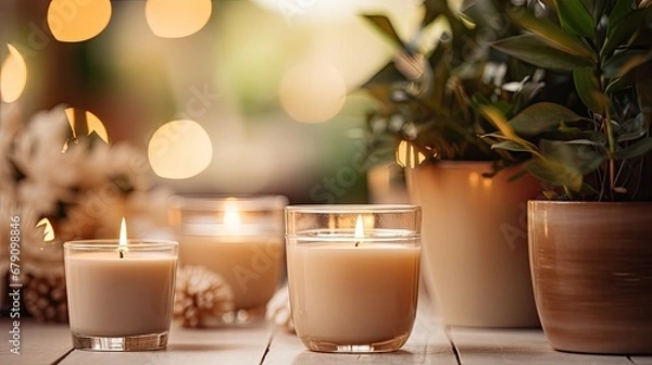 Fototapeta INTERIOR Candles in a glass candle holder.Lighted candles on the table, decor, aroma candles.Lights on bokeh background.