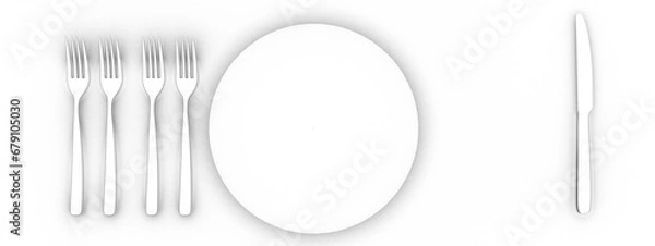 Obraz Empty plate, knife and fork, cutlery in 3-d visualization