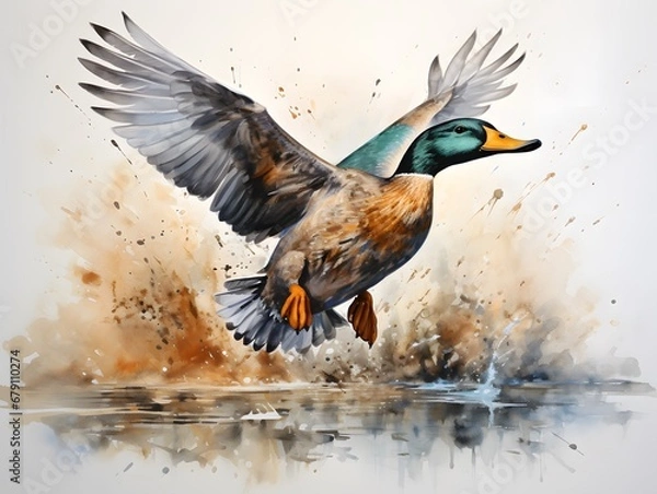 Obraz Elegant Watercolor: Airborne Mallard with Clever Composition
