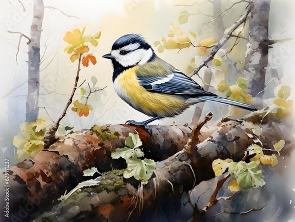 Obraz Whimsical Forest Bird: Great Tit in Watercolor