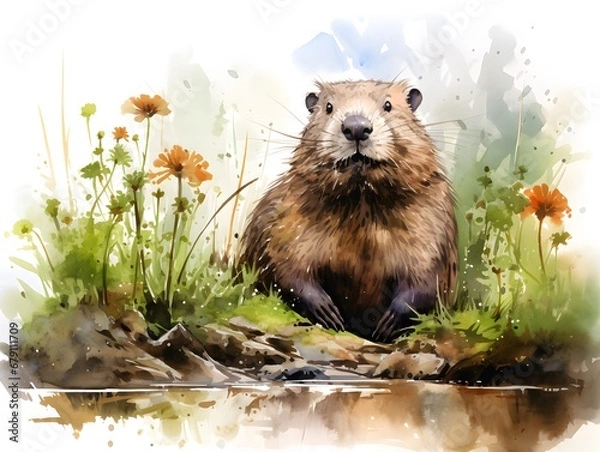 Obraz Whimsical Nutria: A Watercolor Woodland Creature