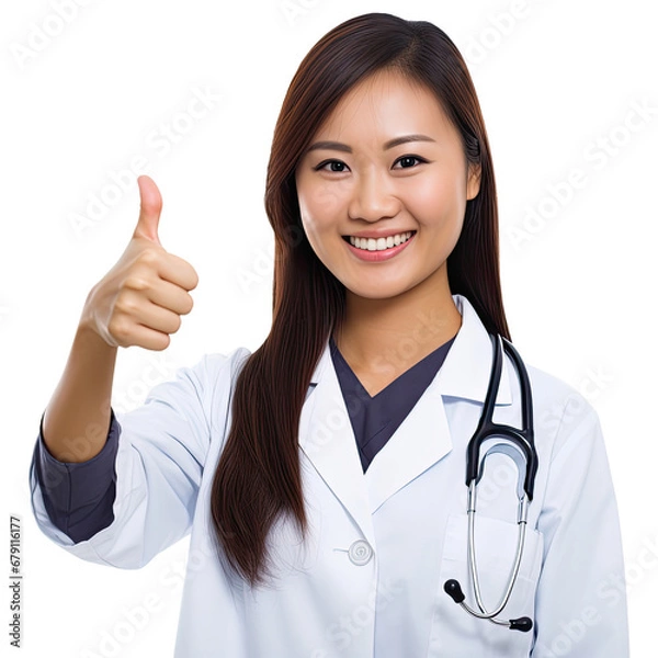 Fototapeta Doctor gives thumbs up light of admiration, Portrait of a beautiful female doctor on a transparent background PNG.