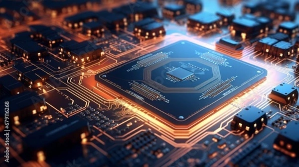 Fototapeta High-tech circuit board with integrated microchips.