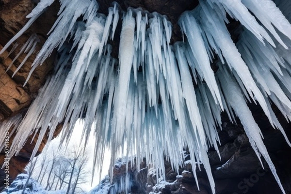 Obraz ice stalactites hanging from a frozen surface