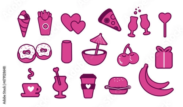 Fototapeta Set of fashionable stickers, cute colorful icons. burger, fast food, banana, heart, pizza. for print, banner, social networks. vector art illustration in flat style.