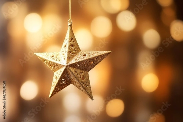 Fototapeta Golden Christmas Star Ornament with Festive Bokeh Background