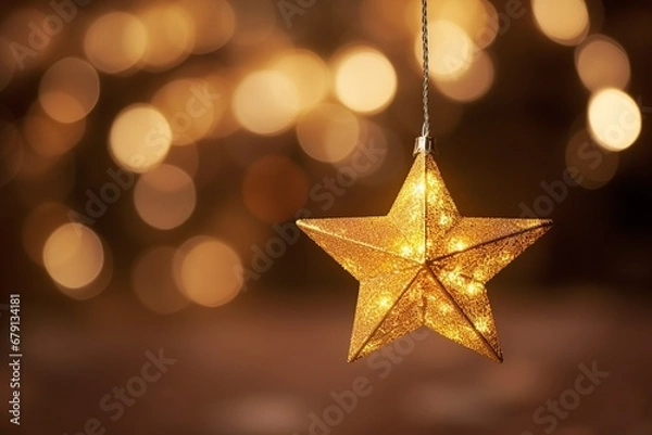 Fototapeta Golden Christmas Star Ornament with Festive Bokeh Background