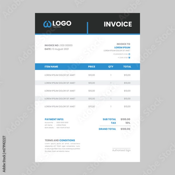 Fototapeta Vector minimalist invoice template design for your business company blue and black theme design