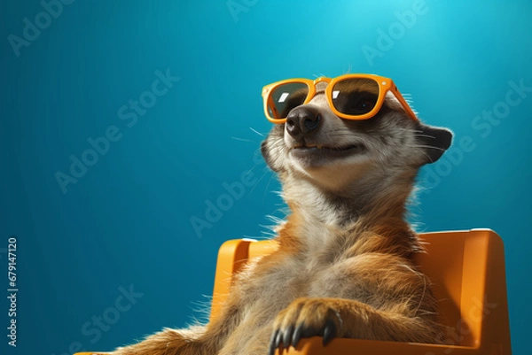 Fototapeta Cute and happy meerkat in sungkasses sitting at the chair and relax and enjoy the sunshine. Summer Vacation concept. 3D render. Poster high quality. Clear blue background