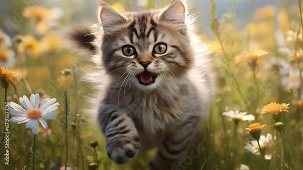 Fototapeta A cat walking in a flower field, looking ahead