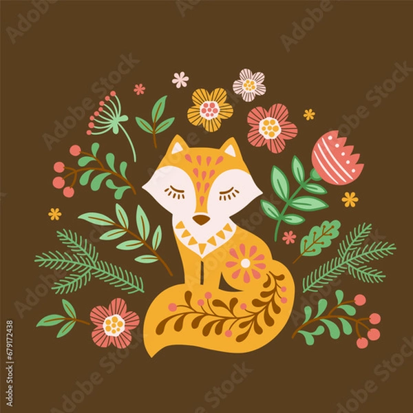 Fototapeta Vector hand drawn illustration of animals in Nordic style lagom. Silhouette of red patterned fox among flowers on dark blue background