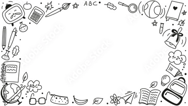 Fototapeta Background for school, school theme, school doodles, inscription in a notebook, training, lessons, time for training, Set of school tools, set of education icons, back to school	