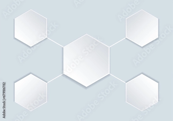 Fototapeta Hexagons Mockup with five elements. Business Infographic plan or steps, diagram, presentation, banner 5  Empty white honeycombs connected by lines. Futuristic monochrome template. EPS10. 