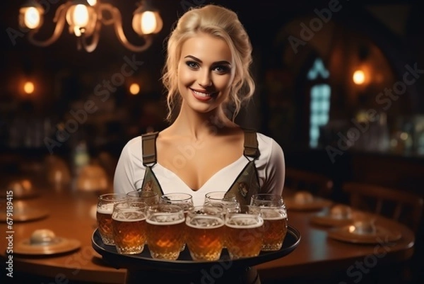 Obraz portrait  of beautiful blonde woman waitress in national clothes brings glasses of beer to the table of customers in a pub