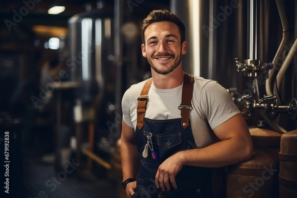 Obraz portrait of smiling 30 year old handsome male brewer in brewery, generated ai