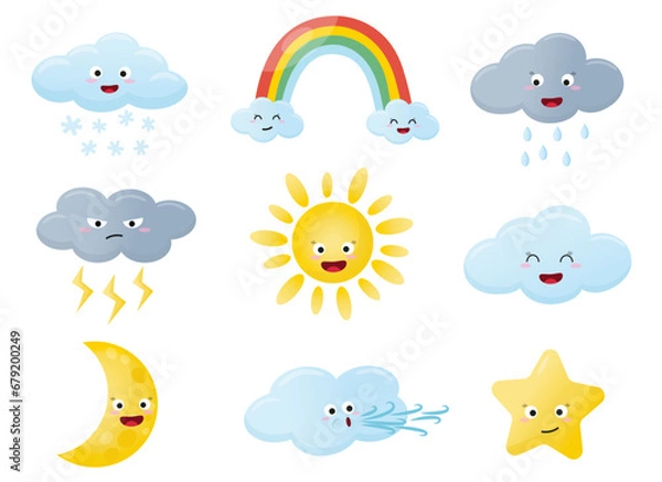Fototapeta Vector image weather emoticon flat icon set design elements for children