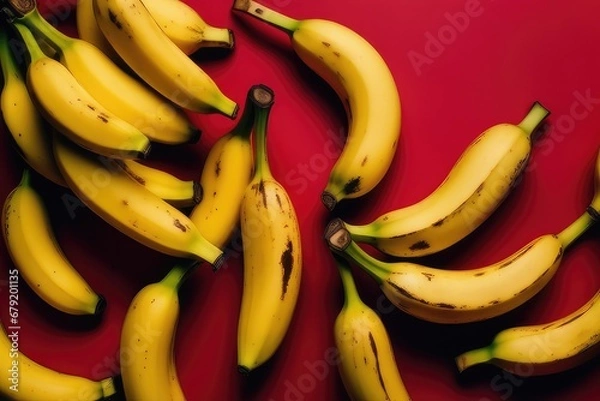 Obraz Bananas on a red background. Flat lay, top view