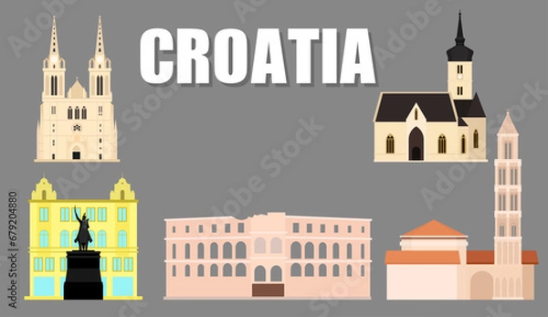 Fototapeta Illustration, tourist attractions landmarks of Croatia Includes St. Mark's Church, Ban Jelacic Square, Zagreb Cathedral, Pula Arena, Diocletian's Palace Split, vector.