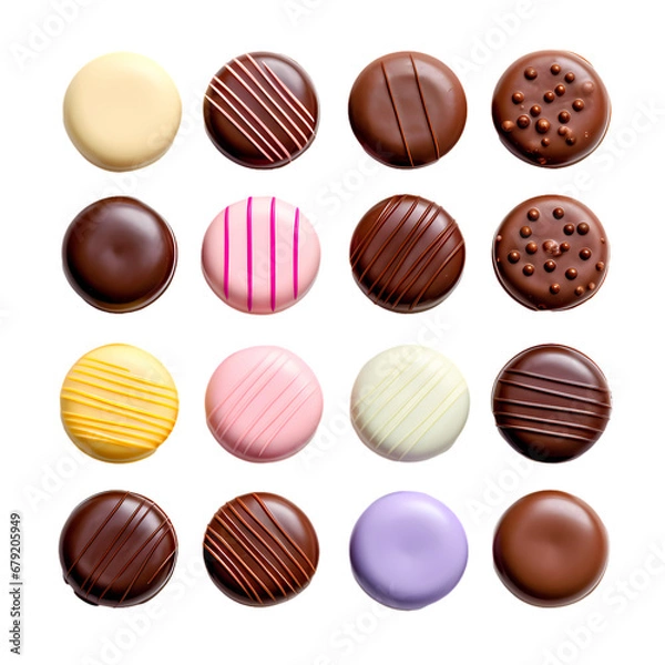 Obraz Round colored chocolate pralines on transparent background, white background, isolated, icon material, vector illustration