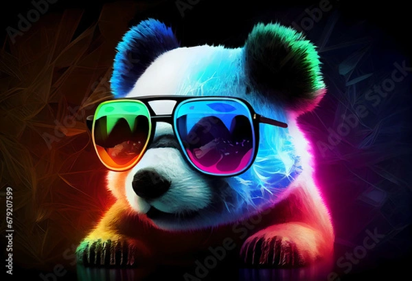 Obraz Baby Panda Looking Adorably in Front. Cool panda with glasses, illustration for social networks or magazine, close-up picture of a panda. A lot of colors