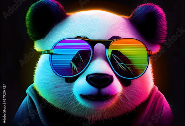 Obraz Baby Panda Looking Adorably in Front. Cool panda with glasses, illustration for social networks or magazine, close-up picture of a panda. A lot of colors