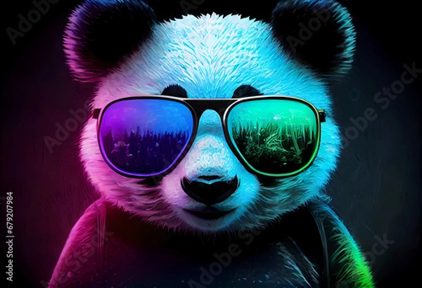 Obraz Baby Panda Looking Adorably in Front. Cool panda with glasses, illustration for social networks or magazine, close-up picture of a panda. A lot of colors