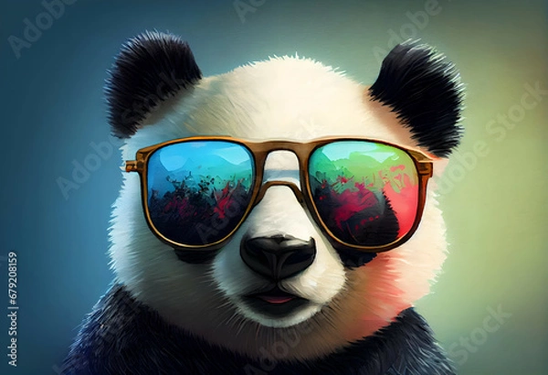 Obraz Baby Panda Looking Adorably in Front. Cool panda with glasses, illustration for social networks or magazine, close-up picture of a panda. A lot of colors