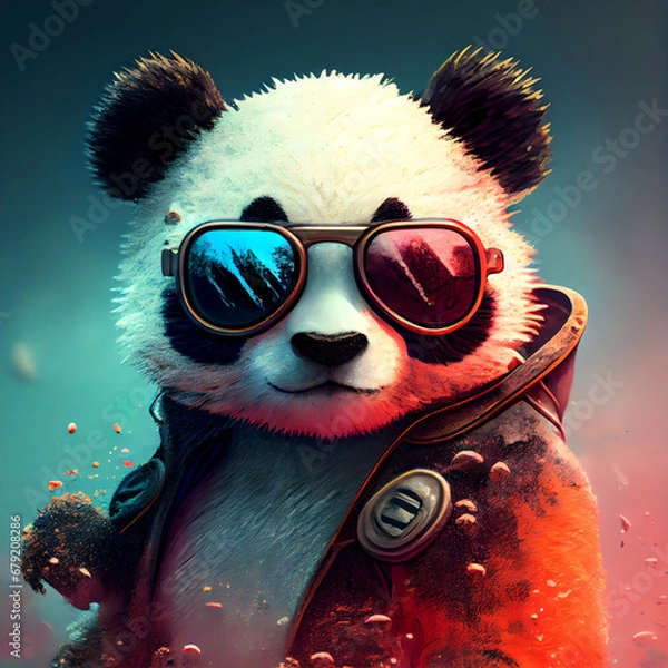 Obraz Baby Panda Looking Adorably in Front. Cool panda with glasses, illustration for social networks or magazine, close-up picture of a panda. A lot of colors